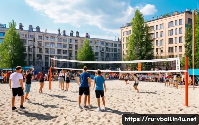 배구 관련 문화 행사 - A vibrant outdoor volleyball festival scene in Moscow during a sunny day, featuring diverse particip...