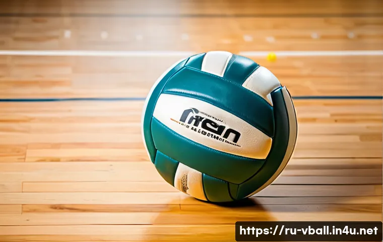 배구 장비 선택 가이드 - A high-quality synthetic leather volleyball placed on a polished indoor wooden court, showing detail...