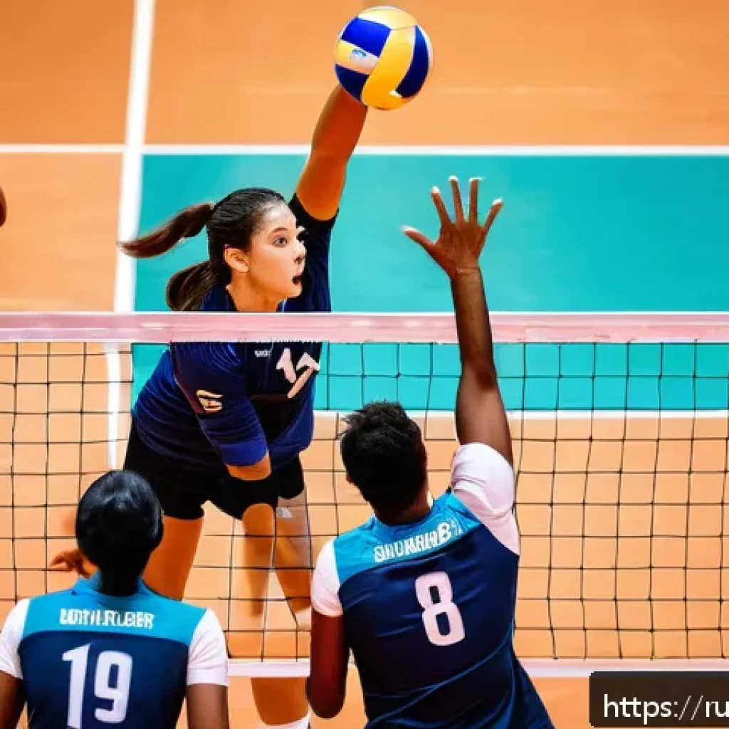 배구 경기 전략 - A dynamic volleyball scene featuring a diverse team executing a synchronized false attack play: the ...