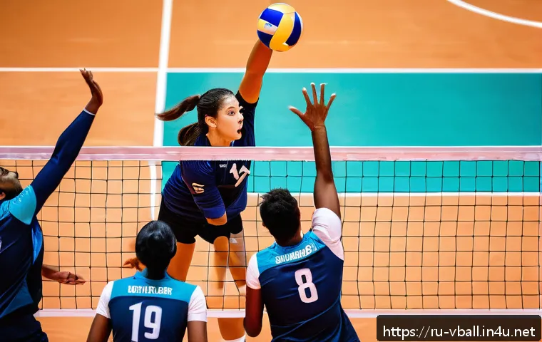 배구 경기 전략 - A dynamic volleyball scene featuring a diverse team executing a synchronized false attack play: the ...