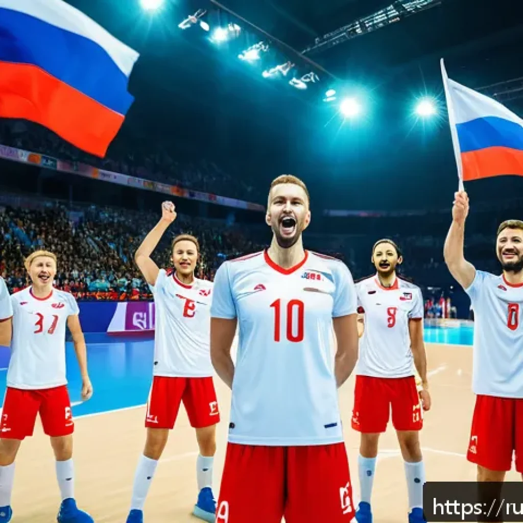 배구 경기 관전 매력 - A dynamic indoor volleyball match scene featuring a diverse Russian team in coordinated uniforms, sh...