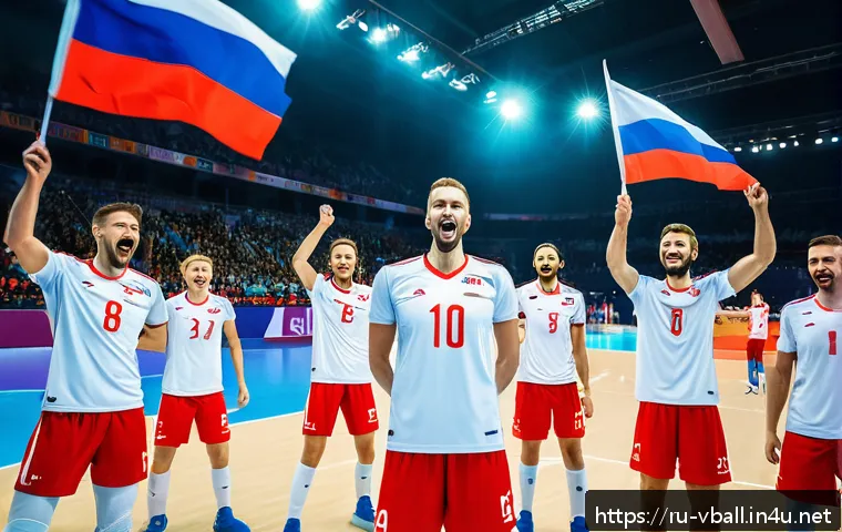 배구 경기 관전 매력 - A dynamic indoor volleyball match scene featuring a diverse Russian team in coordinated uniforms, sh...
