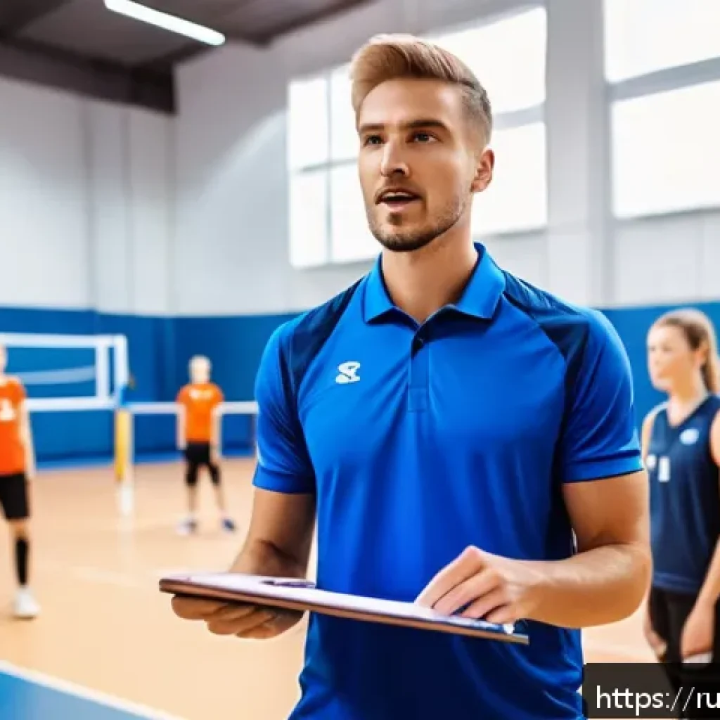 배구 관련 자격증 - A professional volleyball coach conducting a mixed-gender training session indoors in Russia, dresse...
