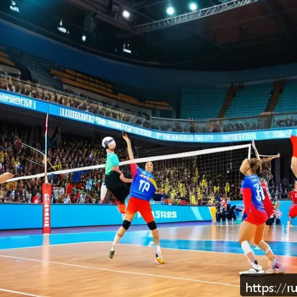 배구 경기 관람의 재미 - A dynamic volleyball match scene inside a modern indoor sports arena filled with energetic Russian f...