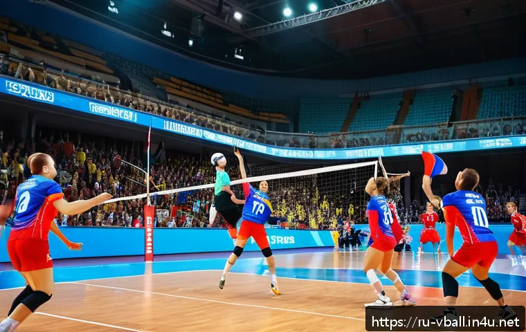 배구 경기 관람의 재미 - A dynamic volleyball match scene inside a modern indoor sports arena filled with energetic Russian f...