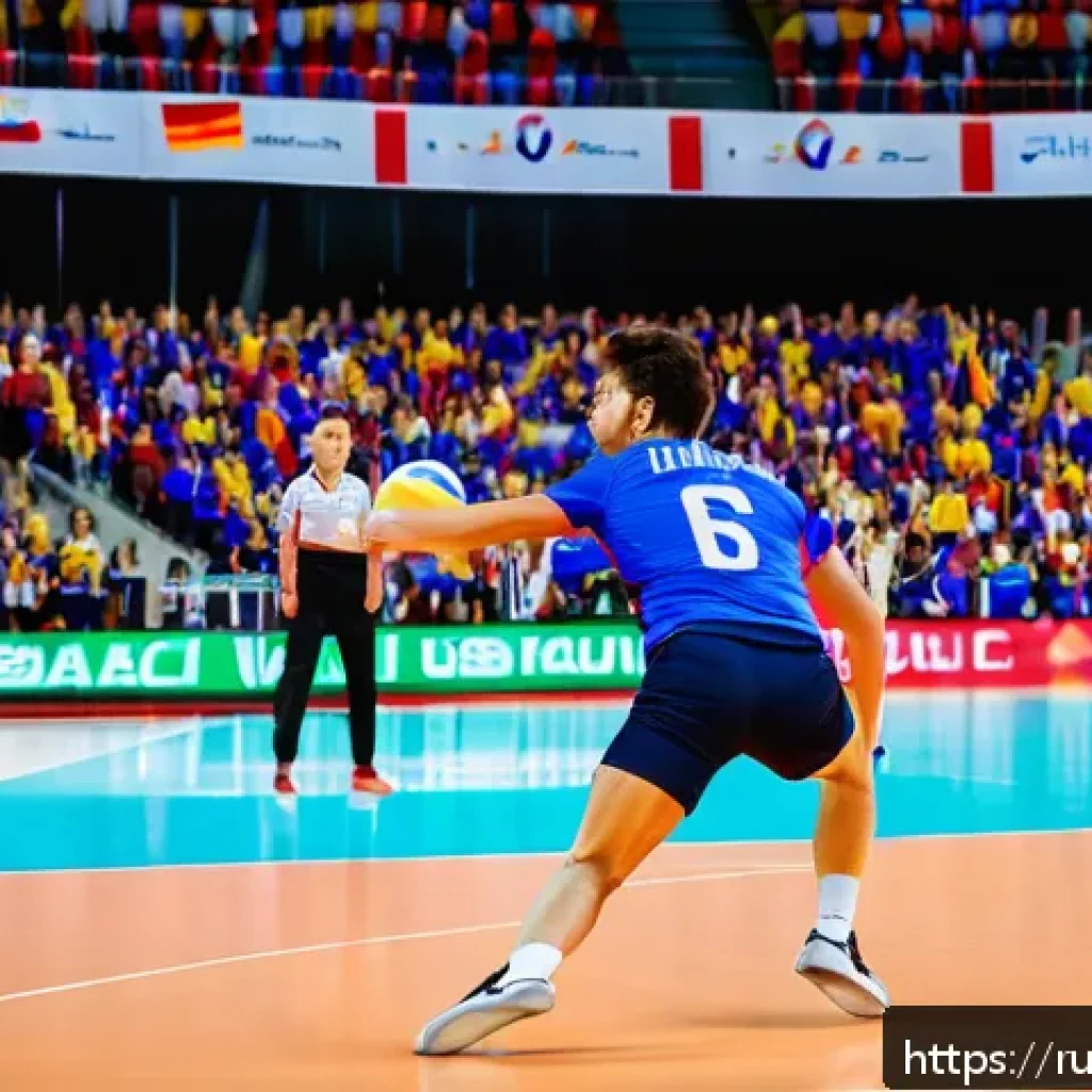배구의 주요 스토리 - A dynamic volleyball match scene featuring a libero in bright contrasting uniform diving low to rece...