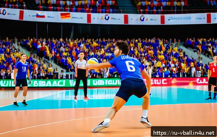 배구의 주요 스토리 - A dynamic volleyball match scene featuring a libero in bright contrasting uniform diving low to rece...