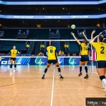 배구 관련 뉴스 업데이트 - A dynamic volleyball match scene showing a diverse professional team executing an aggressive fast-pa...
