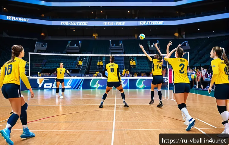 배구 관련 뉴스 업데이트 - A dynamic volleyball match scene showing a diverse professional team executing an aggressive fast-pa...