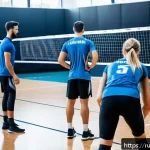 배구 대회 준비 팁 - A detailed scene of a volleyball team during a training session focused on strength and endurance pr...