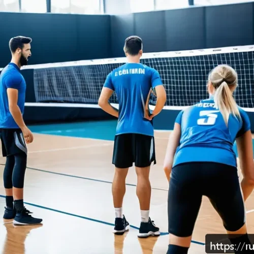 배구 대회 준비 팁 - A detailed scene of a volleyball team during a training session focused on strength and endurance pr...