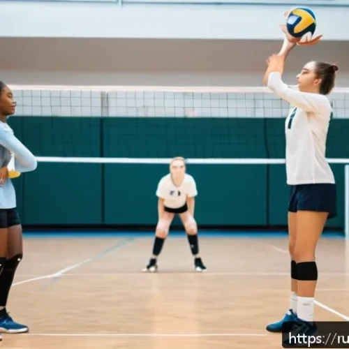 배구 모임 후기 - A dynamic indoor volleyball scene showing a diverse team of young adult players on a polished gym fl...