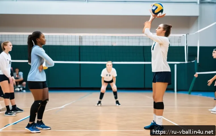 배구 모임 후기 - A dynamic indoor volleyball scene showing a diverse team of young adult players on a polished gym fl...
