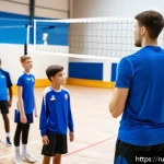 배구 코칭 자격증 취득법 - A professional volleyball coach conducting a training session with a diverse group of young athletes...