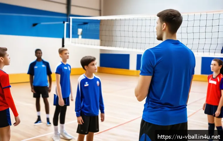배구 코칭 자격증 취득법 - A professional volleyball coach conducting a training session with a diverse group of young athletes...