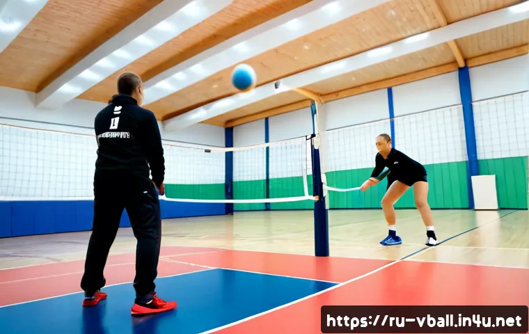 배구 네트 셋업 방법 - Photorealistic indoor volleyball court in a Russian community sports hall, two adult players careful...