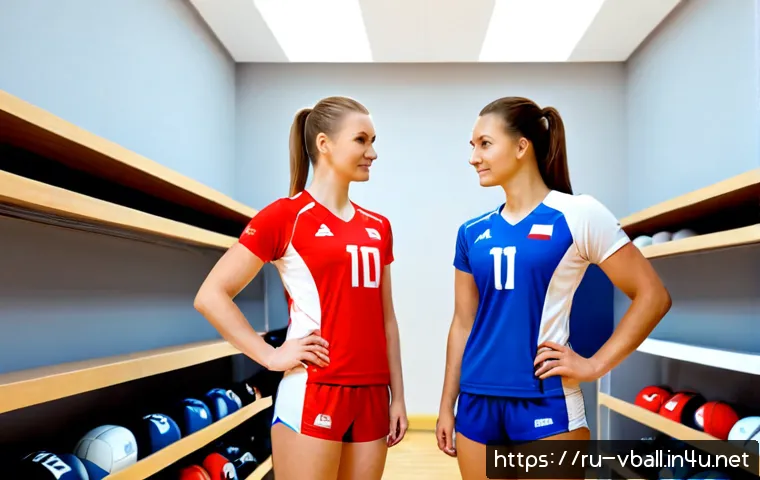 배구 유니폼 브랜드 - Photorealistic volleyball uniform comparison scene in a bright modern sports shop in Russia, two ful...