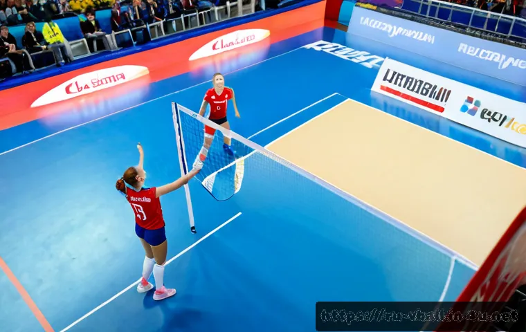 Home 17 배구 리그 정보 - Photorealistic indoor volleyball league match in a modern Russian sports arena, two women’s teams in...